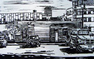 Sunny Day Downtown, woodcut print, 2011.