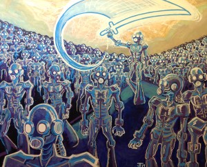 A robot holds a glowing sword standing amidst a robotic army,