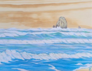 King waves crashing against the Oregon coast depicted in colored pencil